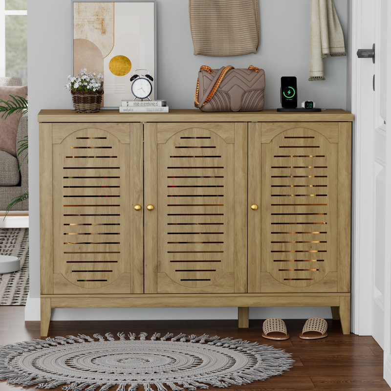 Armoire à chaussures moderne avec éclairage à DEL et tablettes réglables, Bois jaune clair