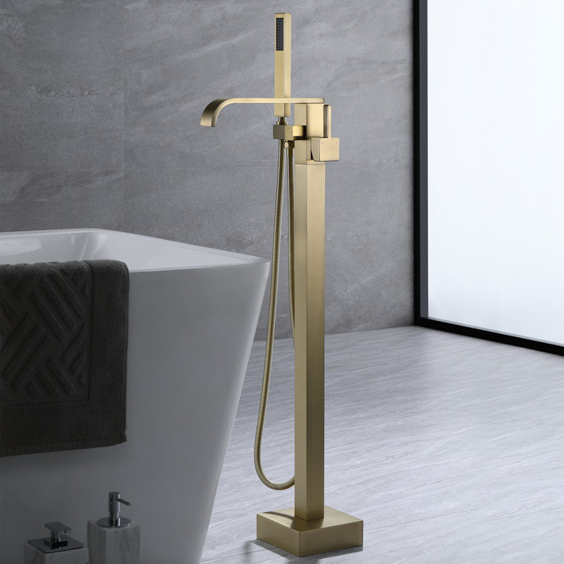 Robinet de baignoire autoportant à poignée simple avec garniture de baignoire au pied avec douche à main au fini or brossé