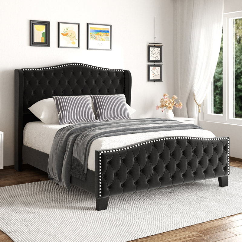 Mieya Velvet Upholstered Platform Bed Frame with Button Tufted Wingback Headboard and Footboard, Queen, Black
