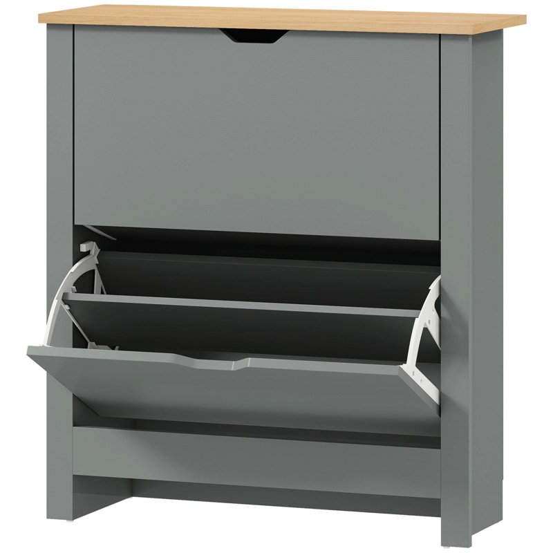 12 Pair Flip Down Shoe Storage, Light Grey/Wood