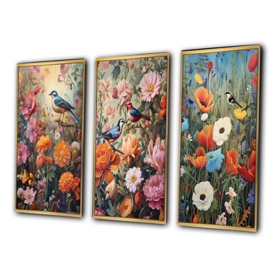Tropical Birds In Paradise Flowerfield Painting - Animals Bird Art Set Of 3 Pieces
