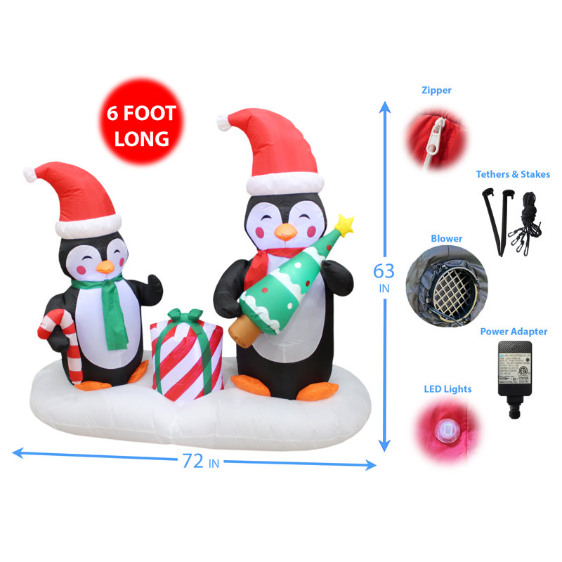 Décoration gonflable de jardin gonflable de Noël de 6 pieds avec deux joyeux pingouins et un arbre de Noël