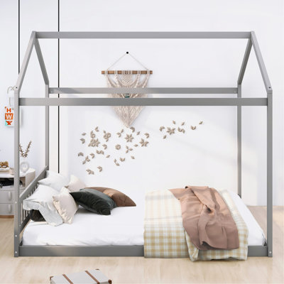Queen Size Wooden House Bed With Headboard,Gray