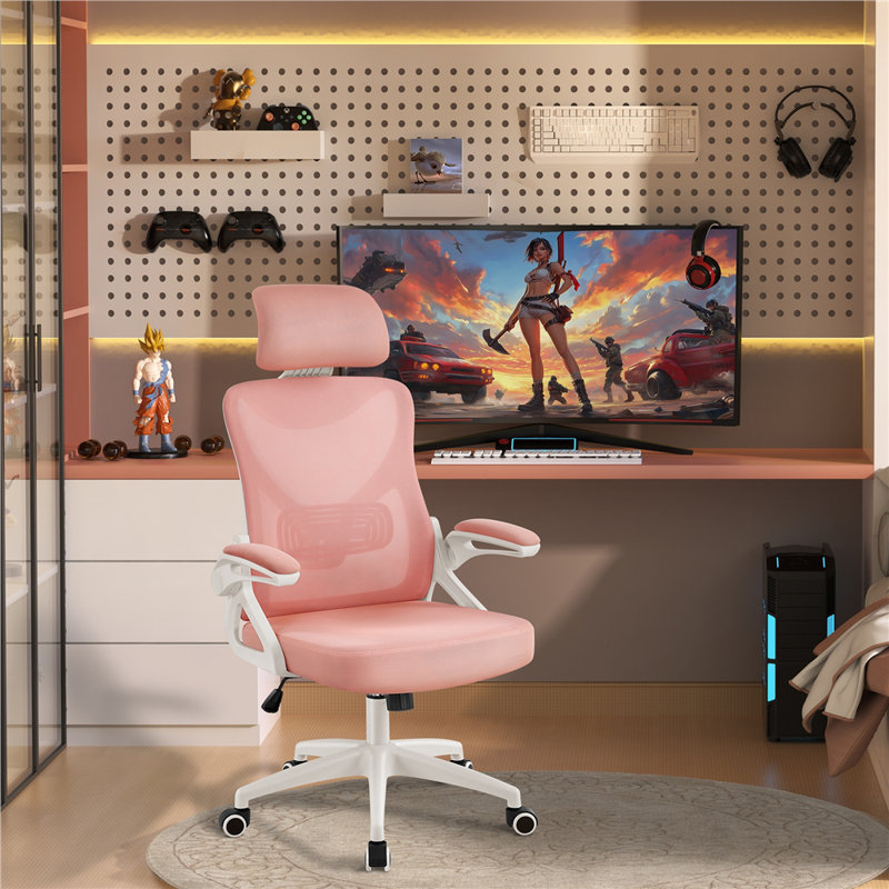 Fauteuil de travail ergonomique avec appui-tête et accoudoir rabattable Joyti, Rose, Blanc