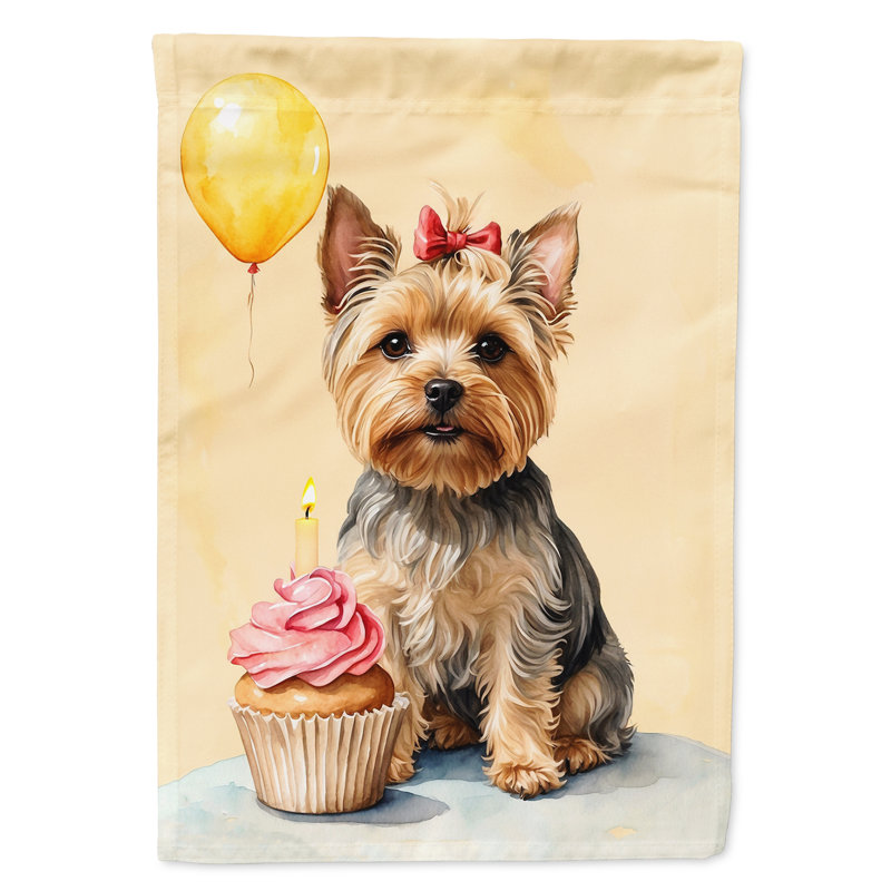 Drapeau de jardin «Happy Birthday», Yorkshire Terrier brun