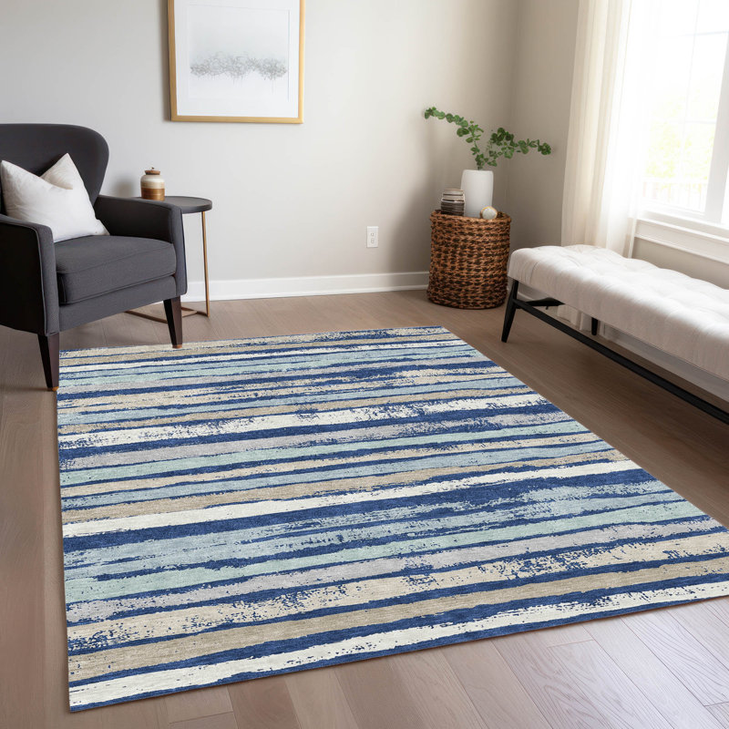 Navy and Beige Striped Synthetic 8' x 10' Washable Rug