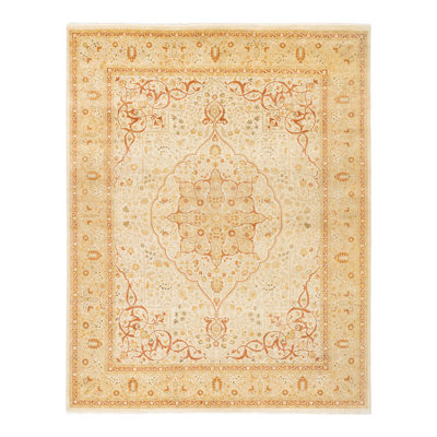 Tapis ivoire en laine noué à la main de conception unique 8 pi 2 po x 10 pi 4 po Daichi