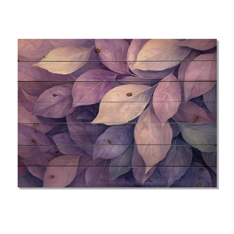 Toile lilas avec feuilles de forêt II - impression sur bois de feuilles - sur bois de pin naturel, H 24 po x l 32 po