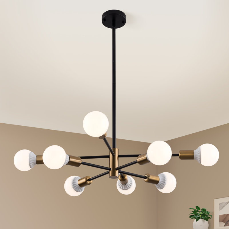 Lustre de campagne 8 lumières Spoutnik à intensité variable, linéaire noir doré et moderne