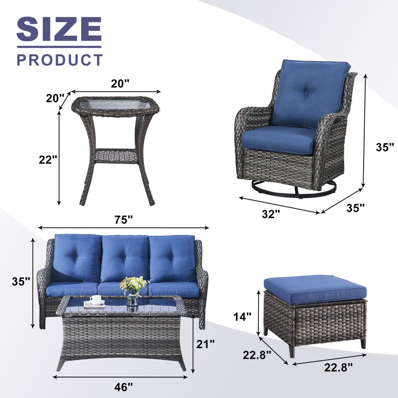 Bonia Wicker 5 - Person Patio Conversation Set with Cushions, Blue, Gray
