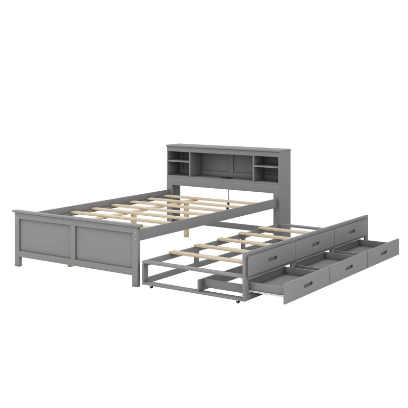 Agnes Platform Bed With Storage Headboard, USB, Trundle And 3 Drawers, Full, Gray