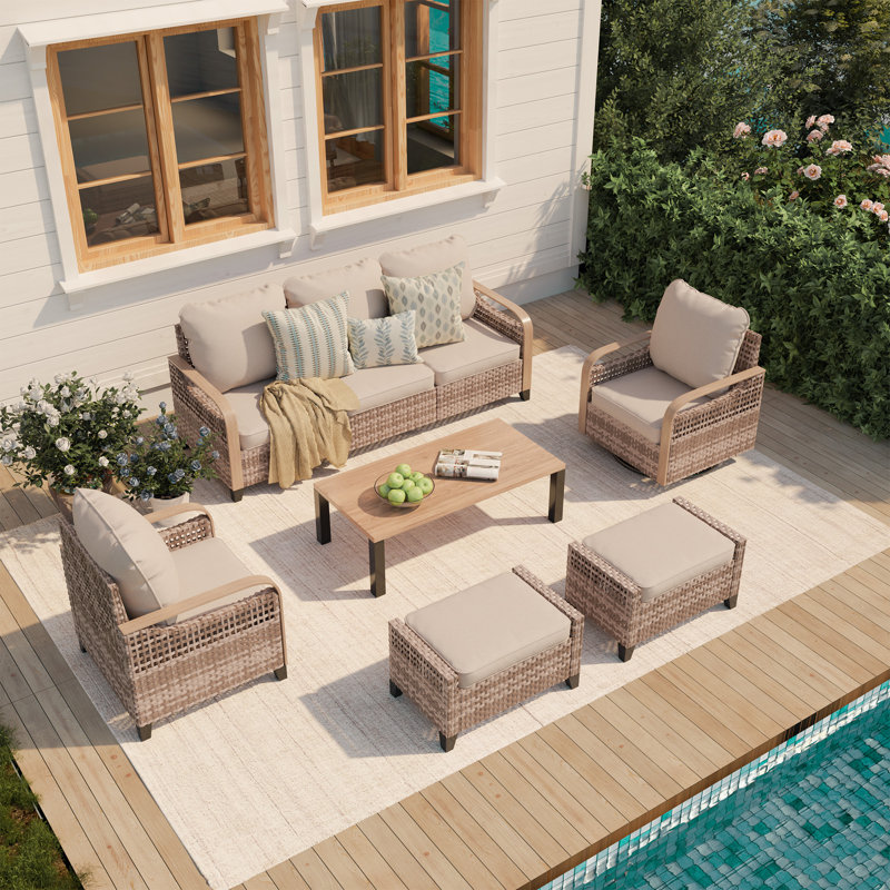 5-Person Patio Furniture Set With Single Seat, Swivel Chair, 3-Seater, 2 Ottomans & Coffee Table, Outdoor Wicker Rattan Sectional Seating Group, All Weather Sofa Conversation Set With Cushions