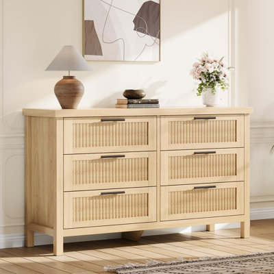 Modern 6-Drawer Dresser for Bedroom, Rattan Wood Chest with Storage Organizer, Chest for Closet
