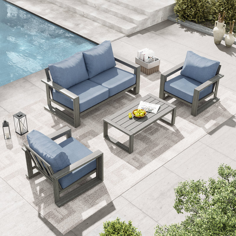 Adden 4-Piece Hand-Painted Aluminum Outdoor Conversation Set With Loveseat, Blue Cushions And Coffee Table, Blue
