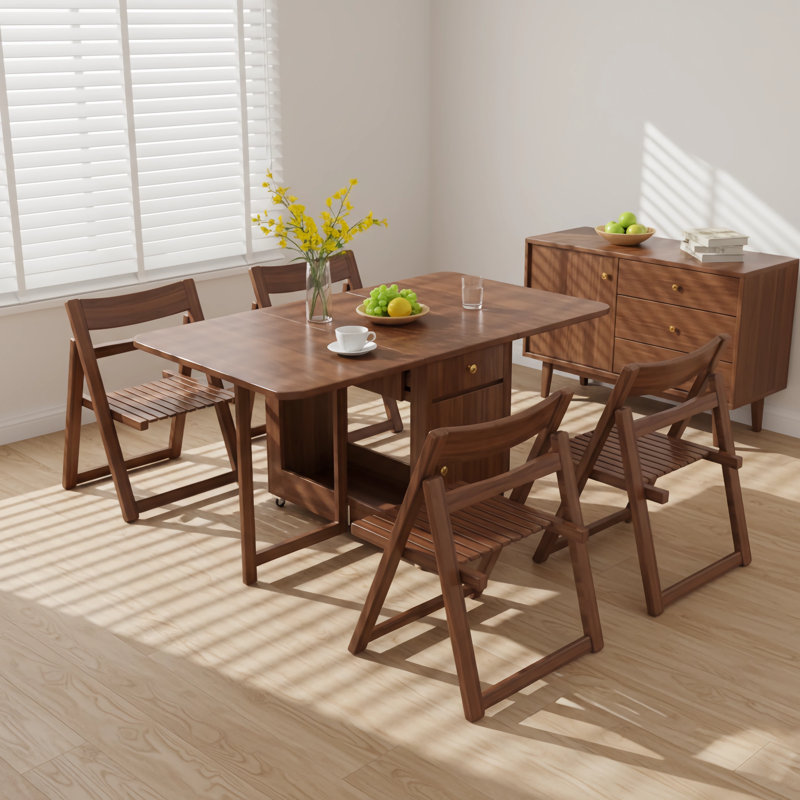 Table de salle à manger et chaises pliantes, table de cuisine à abattants peu encombrante avec 4 chaises et rangement, petite table de salle à manger extensible de 59,06 po avec roulettes, aucun assemblage requis en bois massif (noyer)