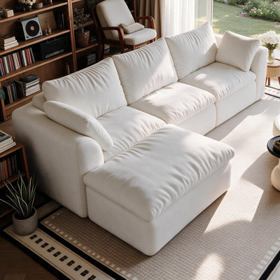 Canapé modulaire en L 96,5 po à 4 sièges modulaires avec méridienne simple, canapé d'angle surdimensionné à assise profonde, assemblage sans outil sous vide, grand canapé en tissu tissé texturé pour le salon, blanc