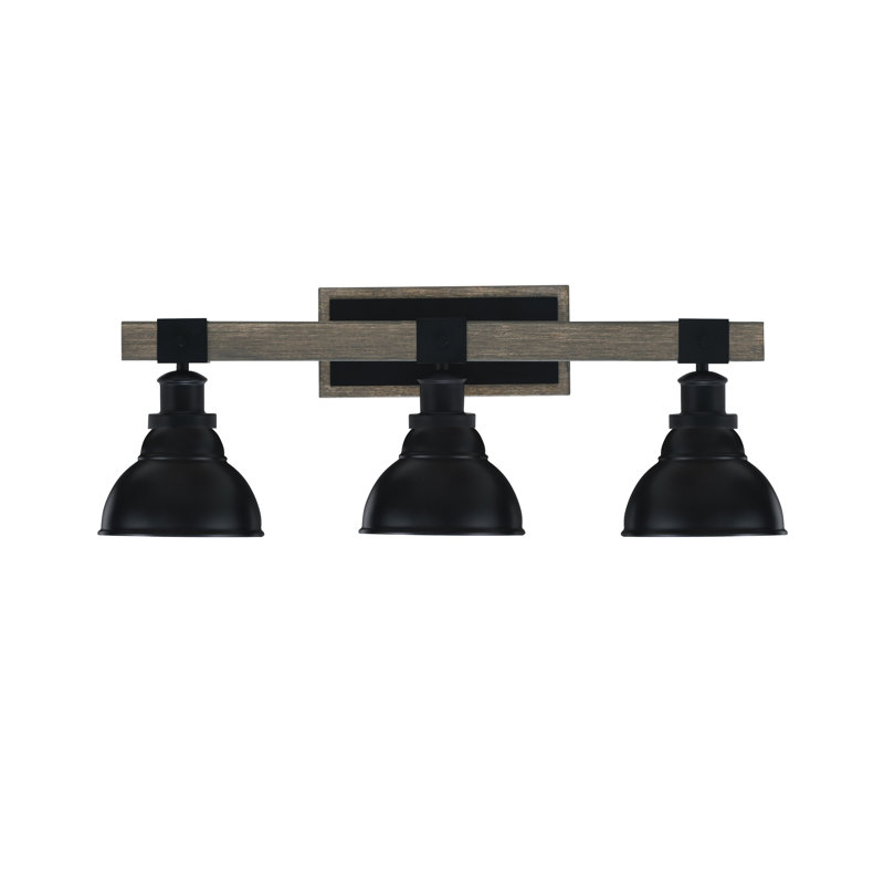 Barre d'éclairage de salle de bain 3 lumières Bitner présentée en noir mat et finition en métal d'aspect bois patiné avec abat-jour en métal à double bulles de 7 po noir mat