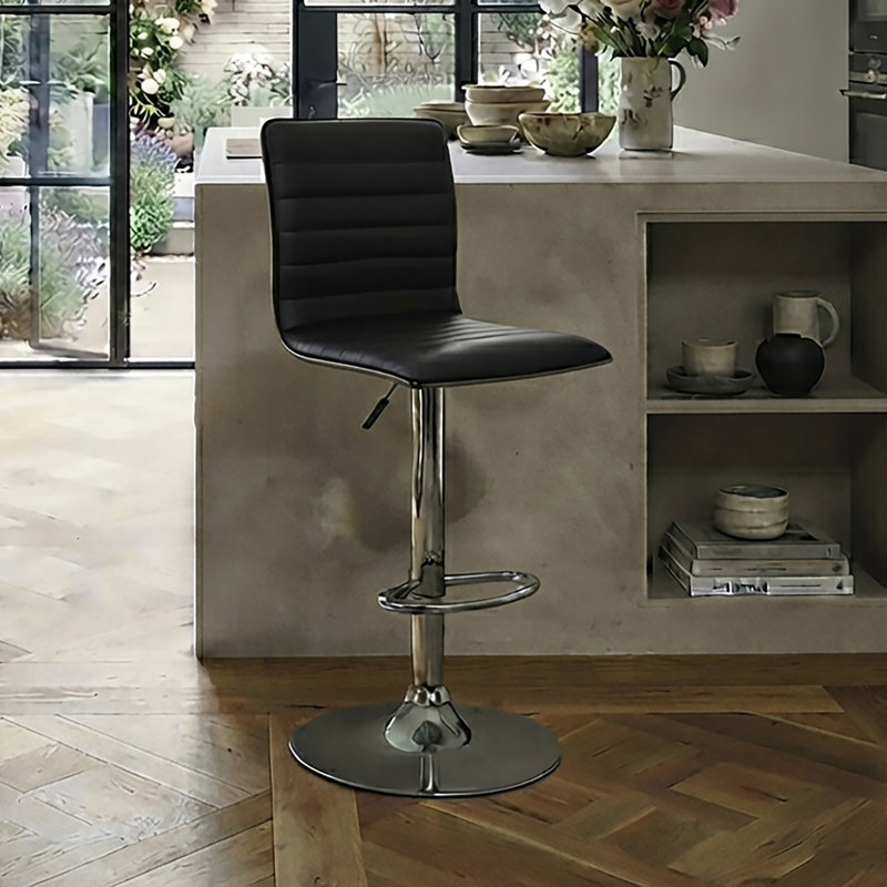Ahlers Swivel Upholstered Faux Leather Adjustable Height Bar Stool with Steel Frame, Black