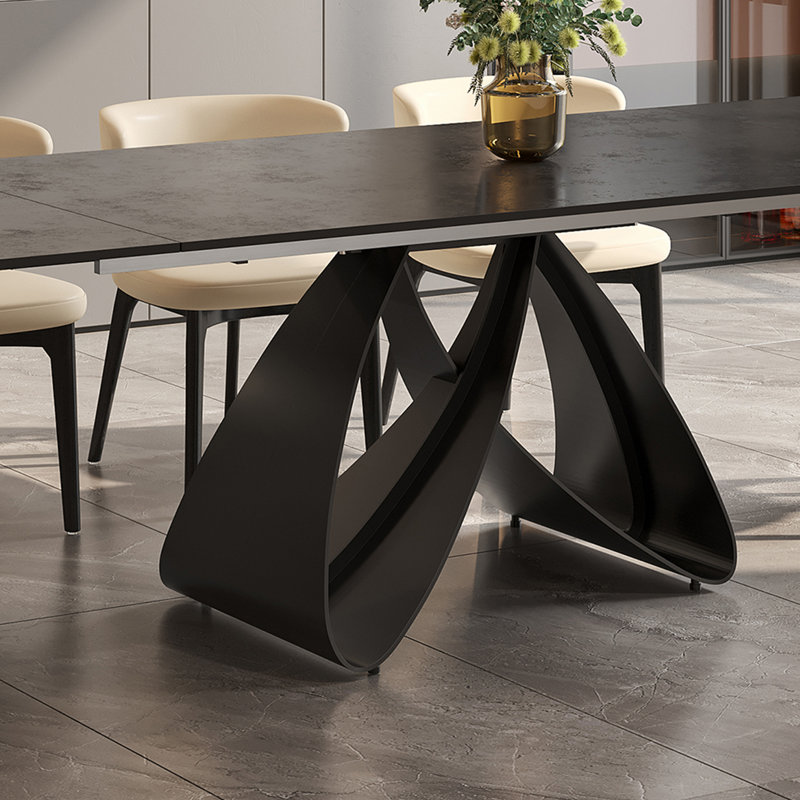 63''-94.5'' Extendable Rectangular Sintered Stone Dining Table Steel Legs, Black Modern Dining Table with Adjustable Foot Pads Seat 6-8