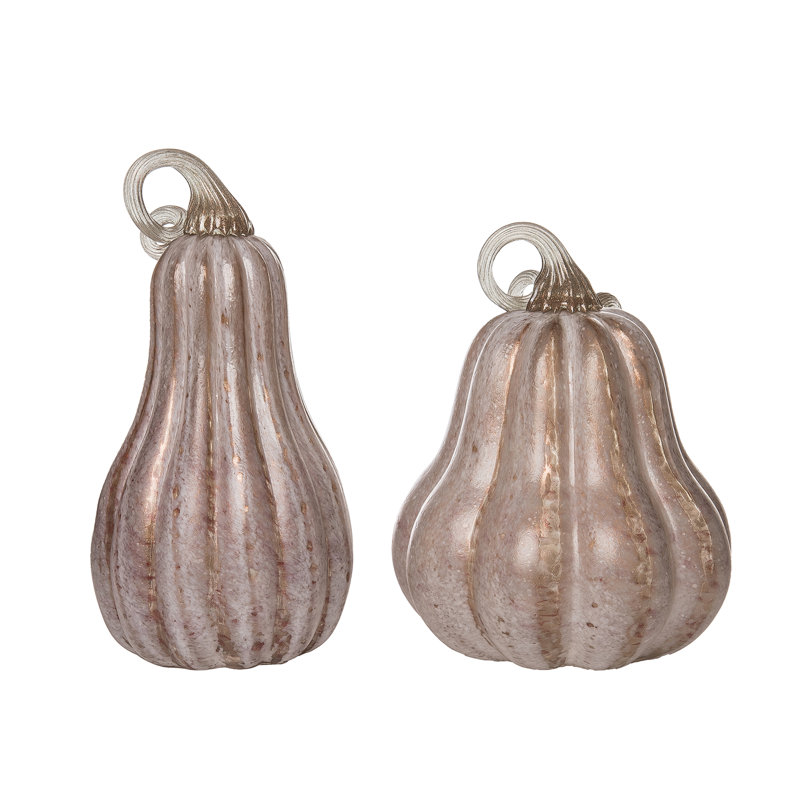  Glass 11 in. Pink Harvest Pumpkins with Crackle Detail Set of 2
