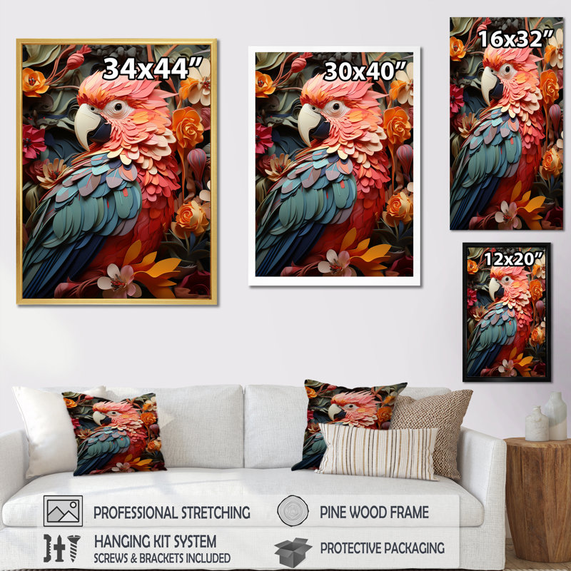 Perroquets plumes des tropiques sur toile, Toile tendue, H 44 po x l 34 po