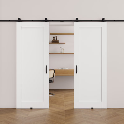 Pre-Finished White 1 Panel Sliding Barn Door With Easy-Install Installation Hardware Kit/No Assembly Required, Double Door
