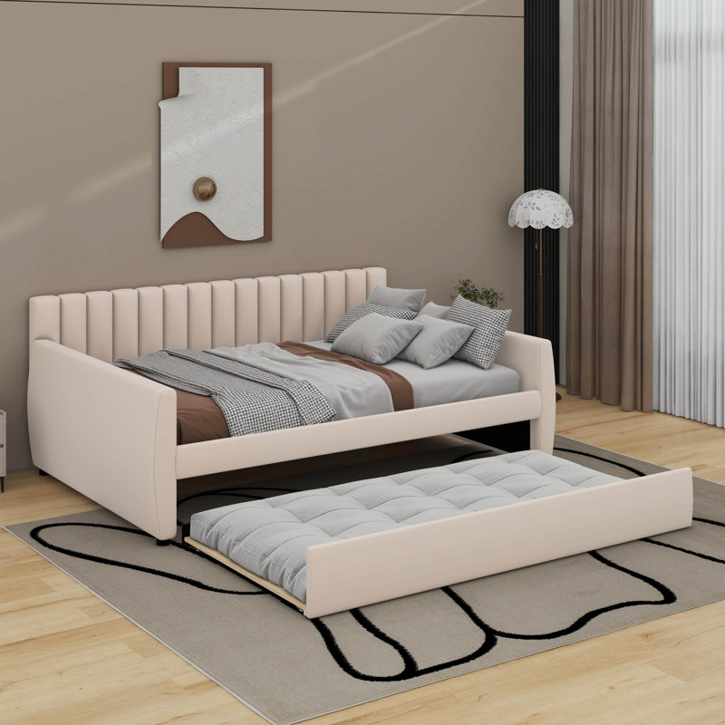 Full Size Upholstered Daybed With Trundle, Beige