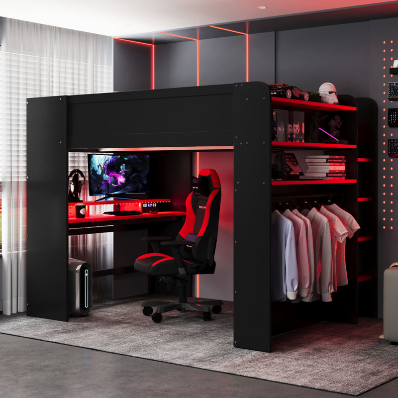 Lit superposé double en rouge, conçu pour les amateurs de jeux vidéo, avec bureau intégré et étagères de rangement ouvertes