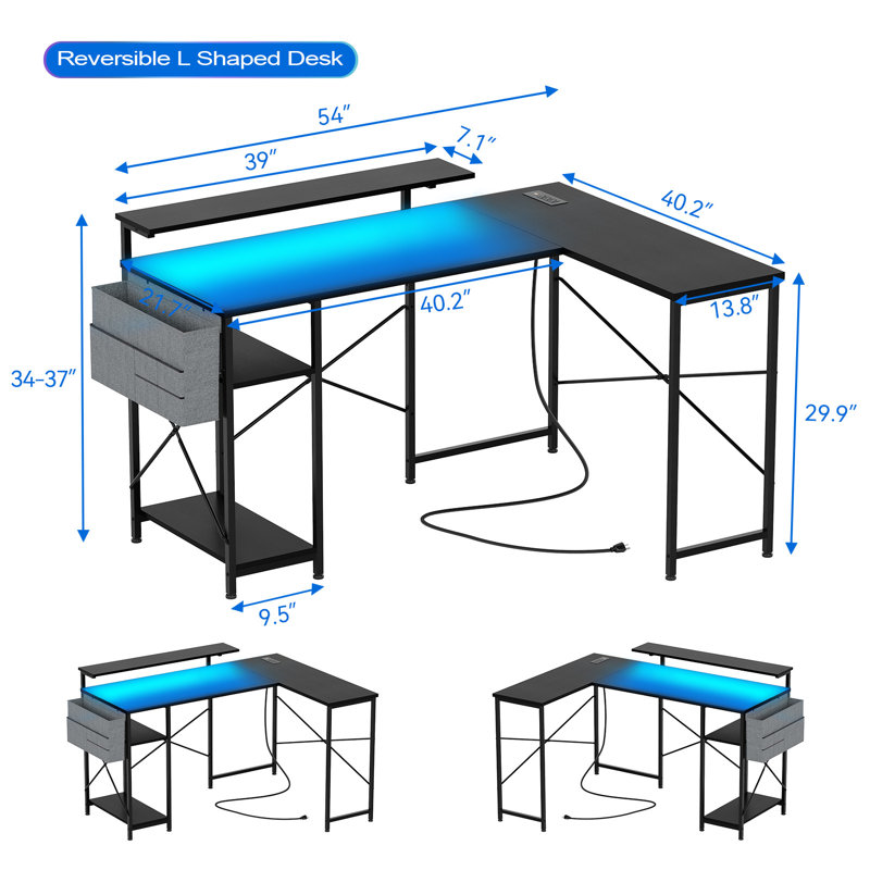 Laberta Modular L-Shaped Iron Computer Desk with Built-In Electrical Outlet