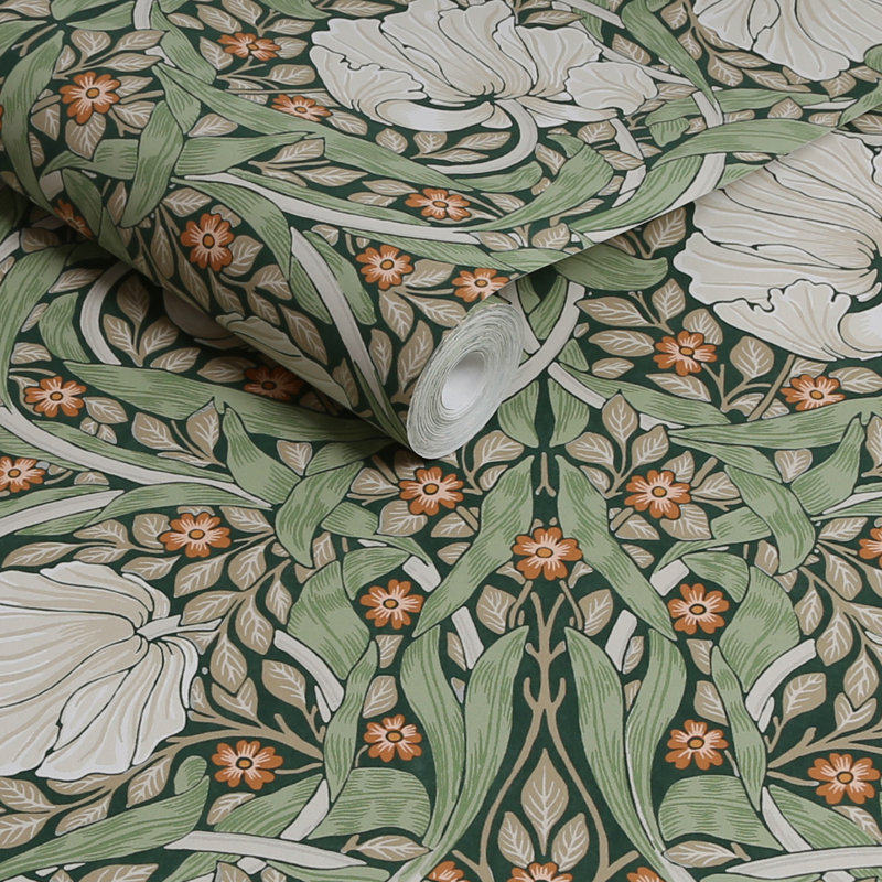 William Morris At Home SS24 Floral Wallpaper Double Roll, Pimpernel Green