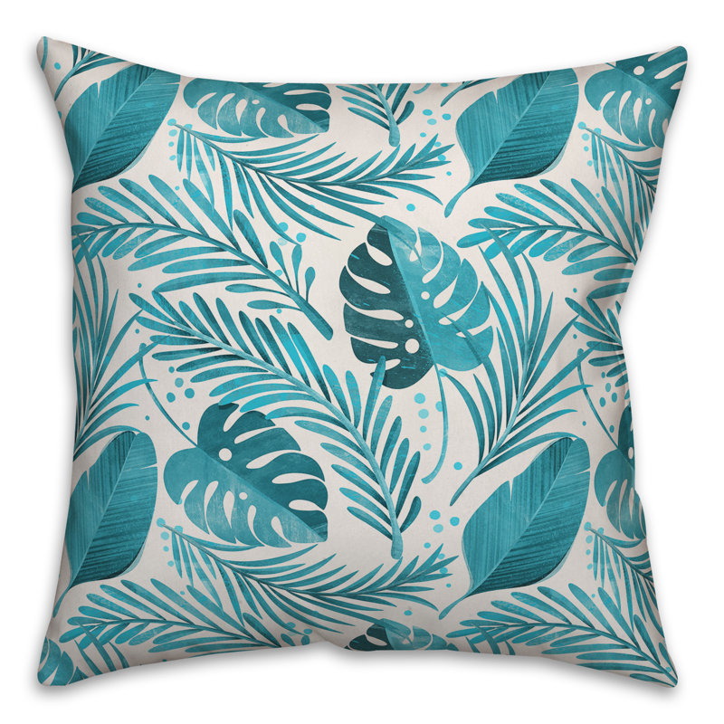  Coussin décoratif intérieur / extérieur Coastal Leaves, 18 po x 18 po, Firozi / Blanc cassé, Polyester / Bourre en polyester
