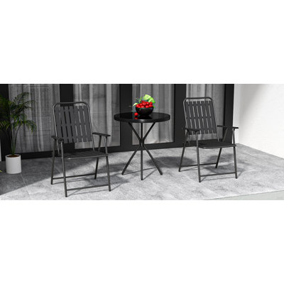 Ensemble de mobilier d'extérieur 3 pièces, 2 chaises / table, chaise pliable en métal thermolaqué et table d'appoint en verre trempé - capacité de 350 lb, résistant aux intempéries pour le balcon et le jardin