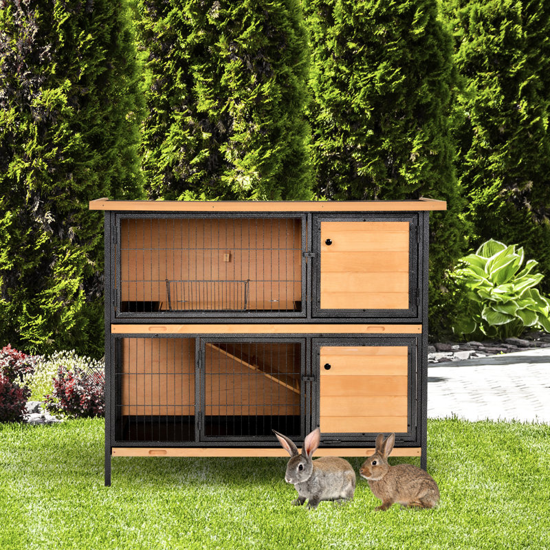 48" - 2-Story Wooden Pet Habitat With Metal Frame. Robust Build, Waterproof Asphalt Covering, Two Floors, Plentiful Space, Lockable Door, Effortless Cleaning Tray, Double Feeding Troughs 2-Level
