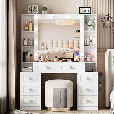 Meuble-lavabo pour femme avec lumières, miroir, 7 tiroirs, tabouret, luminaire - Accessoires de table réglables et alimentés