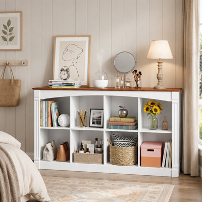 8-Cube Storage Organizer, Two-Tone Wood 2-Tier Cube Bookcase with Decorative Moldings, Horizontal Open Cubby Display Shelf Unit, Low Bookshelf Console Table for Living Room, Bedroom, Office