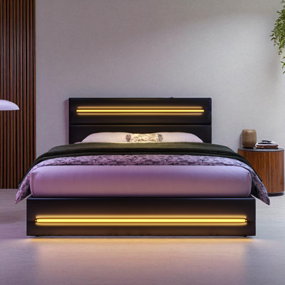 Estella Black PU Upholstered Bed Frame With Hydraulic Storage, Ottoman Bed With LED Lighting And Charging Station, LED Adjustable Headboard With USB And Type - C Ports