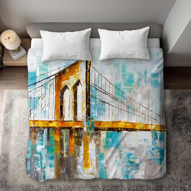 Modern Orange Places Brooklyn Bridge King Duvet Cover | White Back