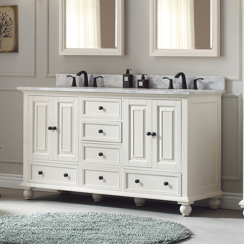Thompson 61" Double Modern Bathroom Vanity Set, French White, Cala White, 60"