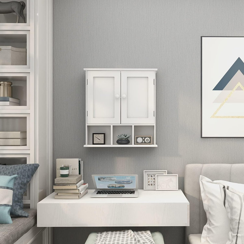 Armoire blanche au-dessus de la toilette - Rangement mural pour salle de bain à 2 portes avec tablettes réglables