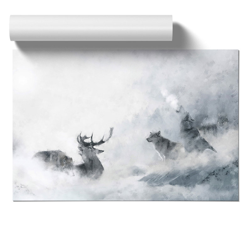 Wolves and Stag Painting - Frameless Print, 42cm H x 59cm W x 0.1cm D