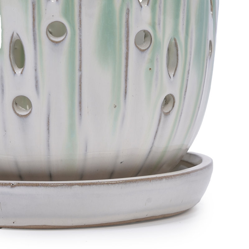 Pot de fleurs rayé en céramique avec trou de drainage, Blanc/vert
