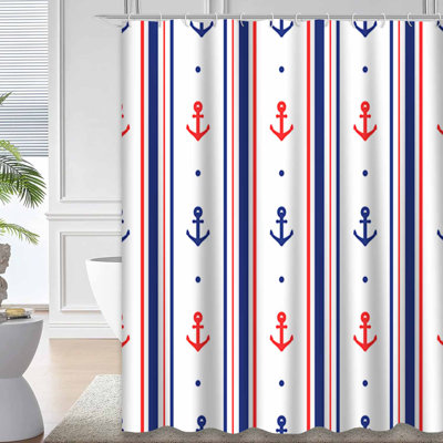 Anchor Seamless Red Summer Abstract Blue Shower Curtain with 12 Hooks