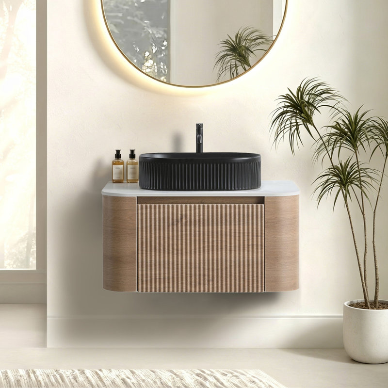Meuble-lavabo Erba de 30 po avec lavabo, armoire murale en chêne miel avec porte-serviettes gratuit, lavabo simple en céramique rayé ovale noir, sans drain et robinet, pré-assemblé