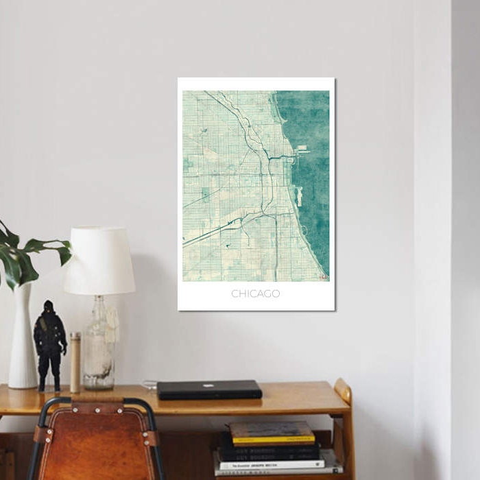 «Chicago Vintage Blue Watercolor Urban Blueprint Map», reproduction d'impression sur toile, H 40 po x l 26 po x P 1,5 po