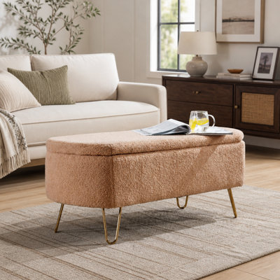 Banc de rangement avec repose-pieds Camel pour pieds dorés, banc d'entrée en fausse fourrure de chameau moderne rembourré avec rangement pour la chambre du salon
