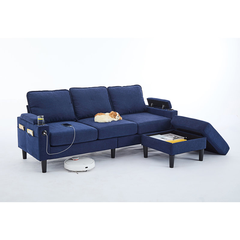 Canapé modulaire rembourré 3 places avec repose-pieds et rangement, Bleu