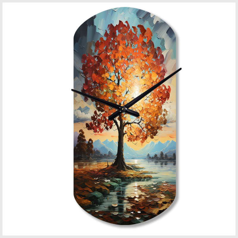 Orange Teal Maple Tree Majestic Maple - Cylinder Shape Decorative Orange Tree Maple Wall Clock, Small