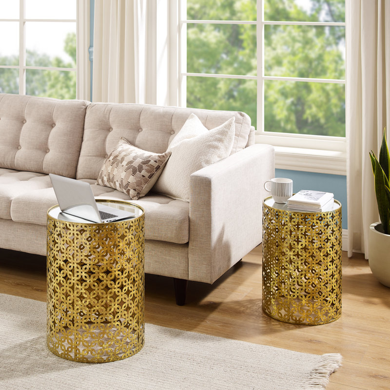Juliet Gold Metal Cut Out Nesting End Table with Mirror Top