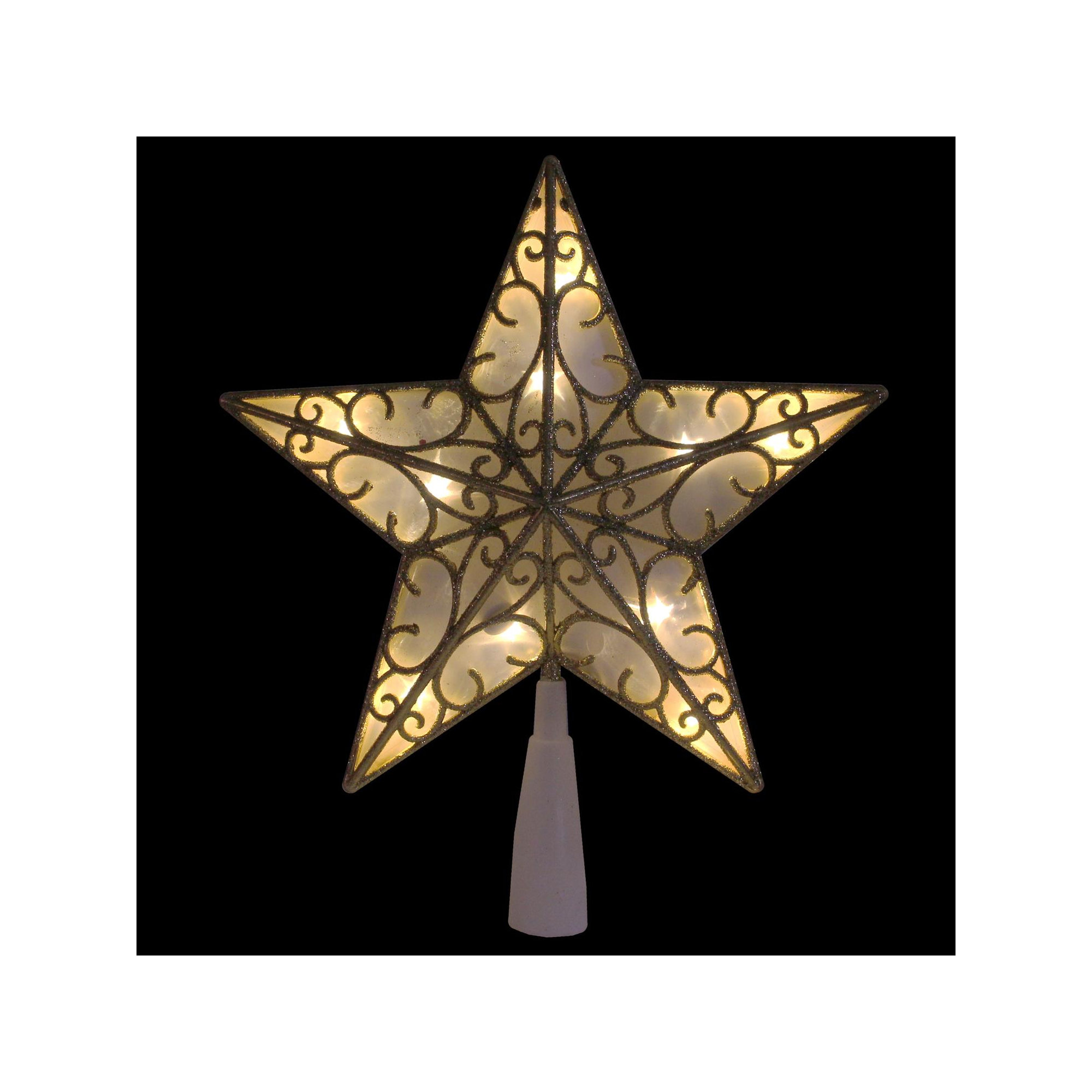 9" LED Lighted Glitter Star Christmas Tree Topper Warm White Lights, Gold