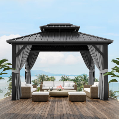 10X12 ft Hardtop Gazebo, Outdoor Polycarbonate Double Roof Canopy, Heavy Duty Hardtop Pavilion with Netting and Curtains, Aluminium Framed Gazebo for Patios, Patios, Lawns and Decks